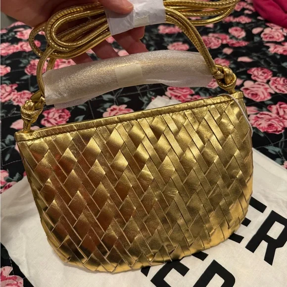 Gold Woven Clutch with Basket-Weave Texture